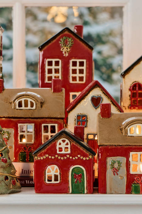 Teelichthaus Lichterhaus Nyhavn 10cm Rot Schwarz Keramik Fachwerkhaus Teelichthalter