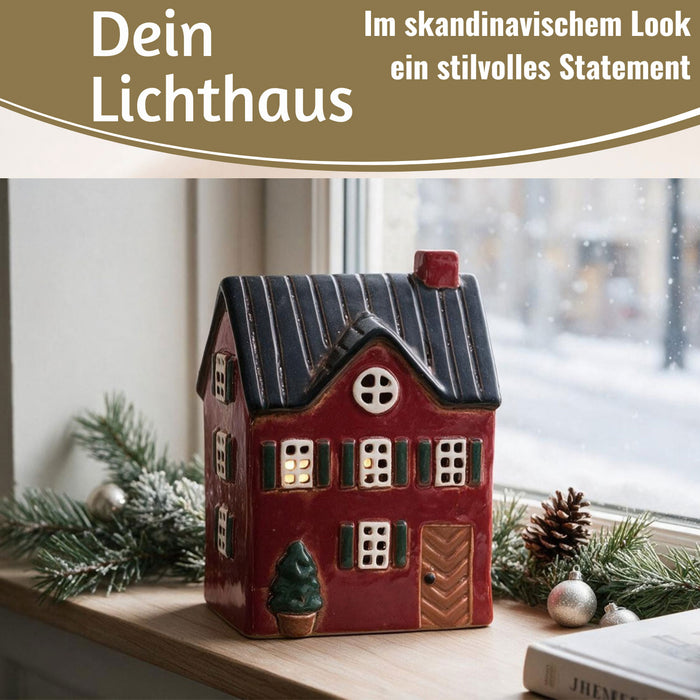 KI-generiertes Bild,Teelichthaus Lichterhaus Nyhavn 18cm Rot Keramik Fachwerkhaus Teelichthalter
