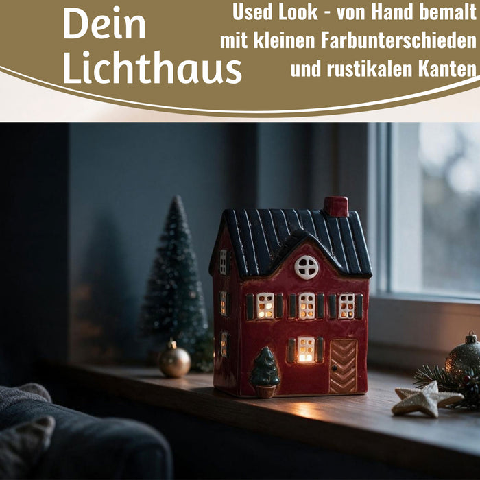 KI-generiertes Bild,Teelichthaus Lichterhaus Nyhavn 18cm Rot Keramik Fachwerkhaus Teelichthalter