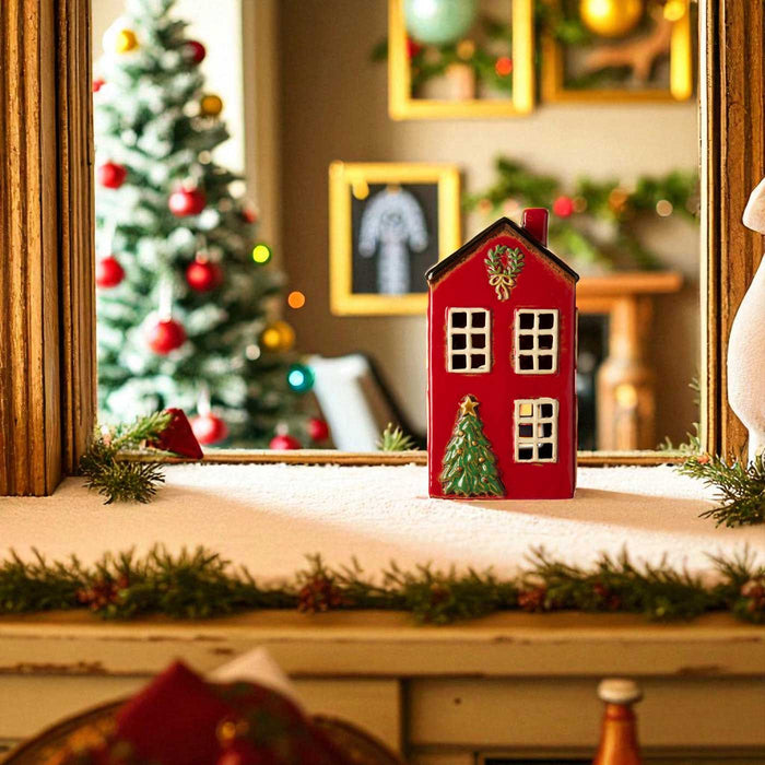 Teelichthaus Lichterhaus Nyhavn 20cm Rot Schwarz Keramik Fachwerkhaus Teelichthalter