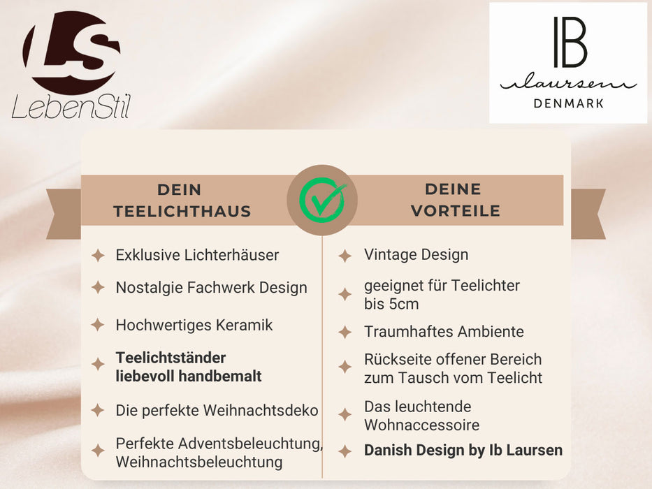 KI-generiertes Bild,Teelichthaus Lichterhaus Nyhavn 19cm Beige Rot Keramik Fachwerkhaus Teelichthalter