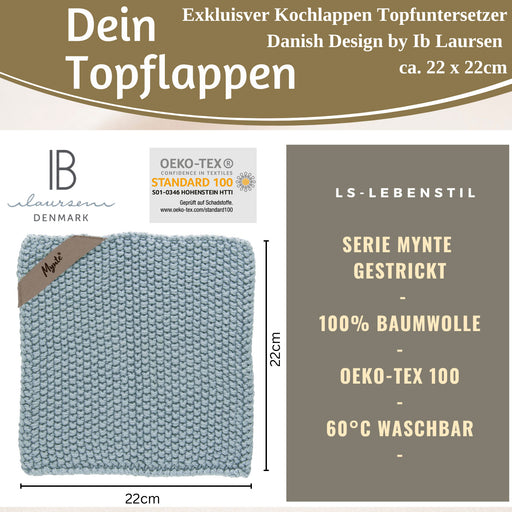 Vintage Topflappen 22cm Mynte Blau Blue Gestrickt 100% Baumwolle OEKO-TEX 100