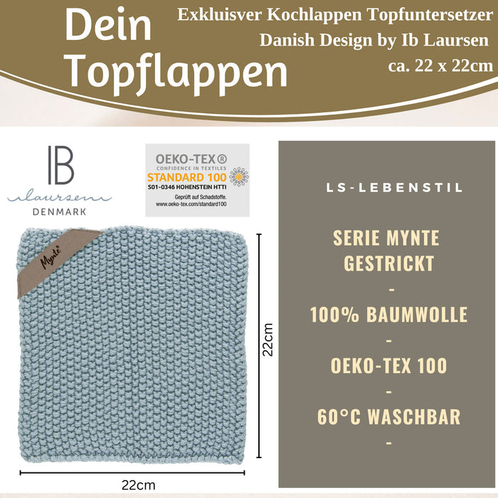 Vintage Topflappen 22cm Mynte Blau Blue Gestrickt 100% Baumwolle OEKO-TEX 100