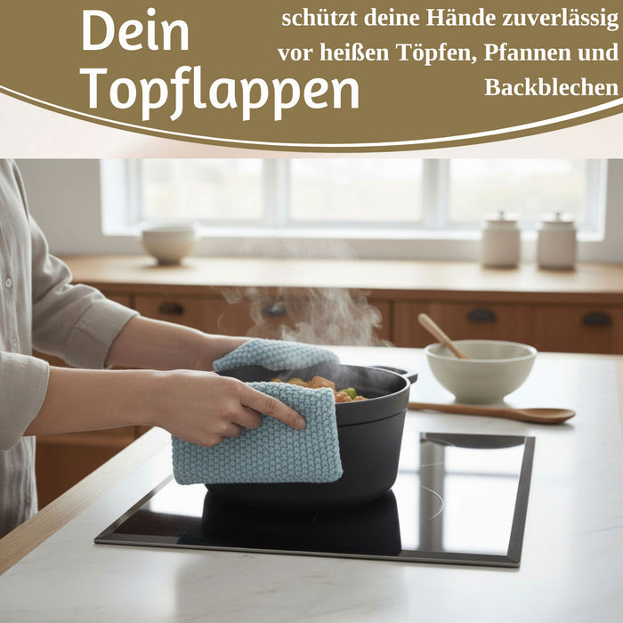 Vintage Topflappen 22cm Mynte Blau Blue Gestrickt 100% Baumwolle OEKO-TEX 100