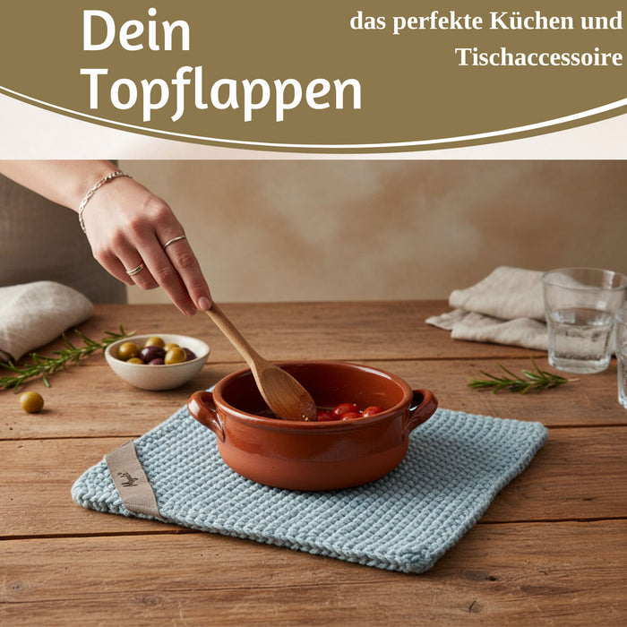 Vintage Topflappen 22cm Mynte Blau Blue Gestrickt 100% Baumwolle OEKO-TEX 100