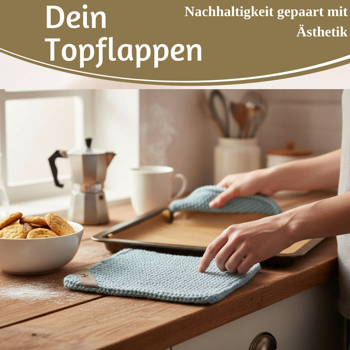 Vintage Topflappen 22cm Mynte Blau Blue Gestrickt 100% Baumwolle OEKO-TEX 100