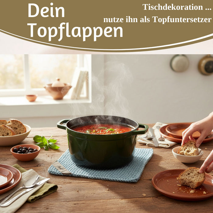 Vintage Topflappen 22cm Mynte Blau Blue Gestrickt 100% Baumwolle OEKO-TEX 100