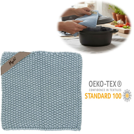 Vintage Topflappen 22cm Mynte Blau Blue Gestrickt 100% Baumwolle OEKO-TEX 100