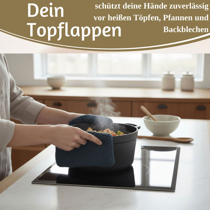 KI-generiertes Bild,Vintage Topflappen 22cm Mynte Midnight Blau Gestrickt 100% Baumwolle OEKO-TEX 100