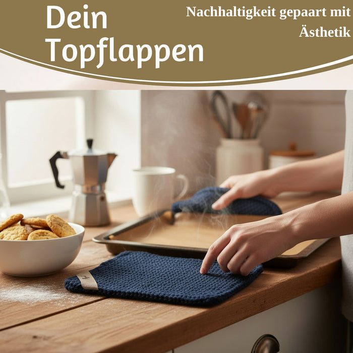 KI-generiertes Bild,Vintage Topflappen 22cm Mynte Midnight Blau Gestrickt 100% Baumwolle OEKO-TEX 100