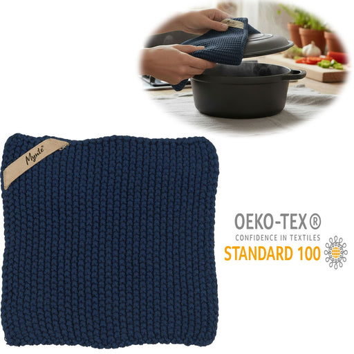 KI-generiertes Bild Vintage Topflappen 22cm Mynte Midnight Blau Gestrickt 100% Baumwolle OEKO-TEX 100