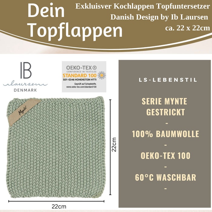 Vintage Topflappen 22cm Mynte Staubig Grün Gestrickt 100% Baumwolle OEKO-TEX 100