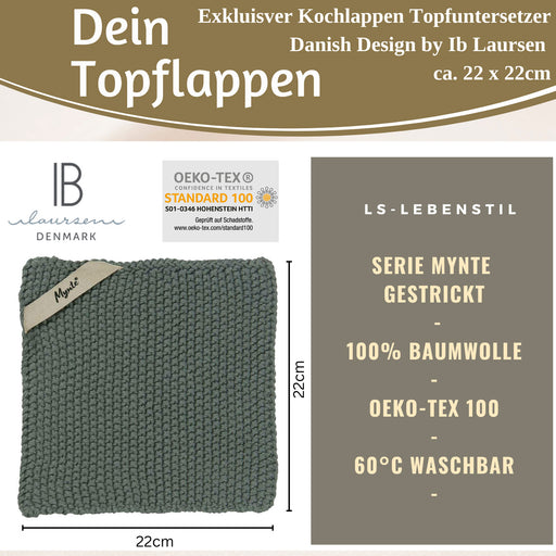 Vintage Topflappen 22cm Mynte Moos-Grün Gestrickt 100% Baumwolle OEKO-TEX 100