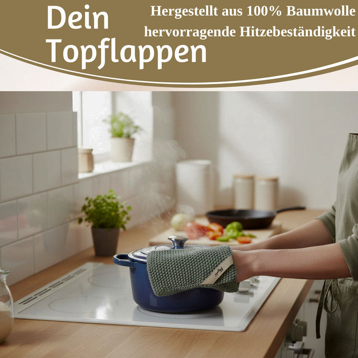 KI-generiertes Bild,Vintage Topflappen 22cm Mynte Moos-Grün Gestrickt 100% Baumwolle OEKO-TEX 100