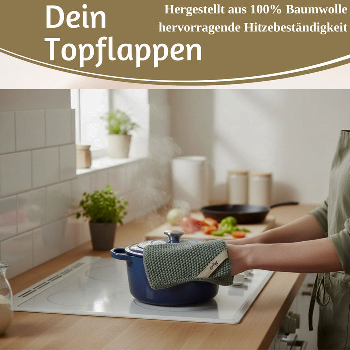 Vintage Topflappen 22cm Mynte Moos-Grün Gestrickt 100% Baumwolle OEKO-TEX 100