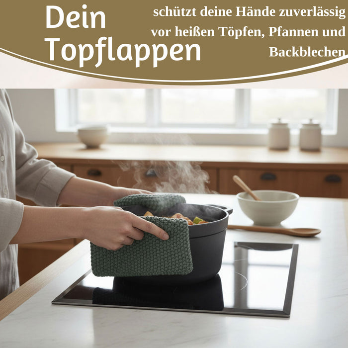 KI-generiertes Bild,Vintage Topflappen 22cm Mynte Moos-Grün Gestrickt 100% Baumwolle OEKO-TEX 100