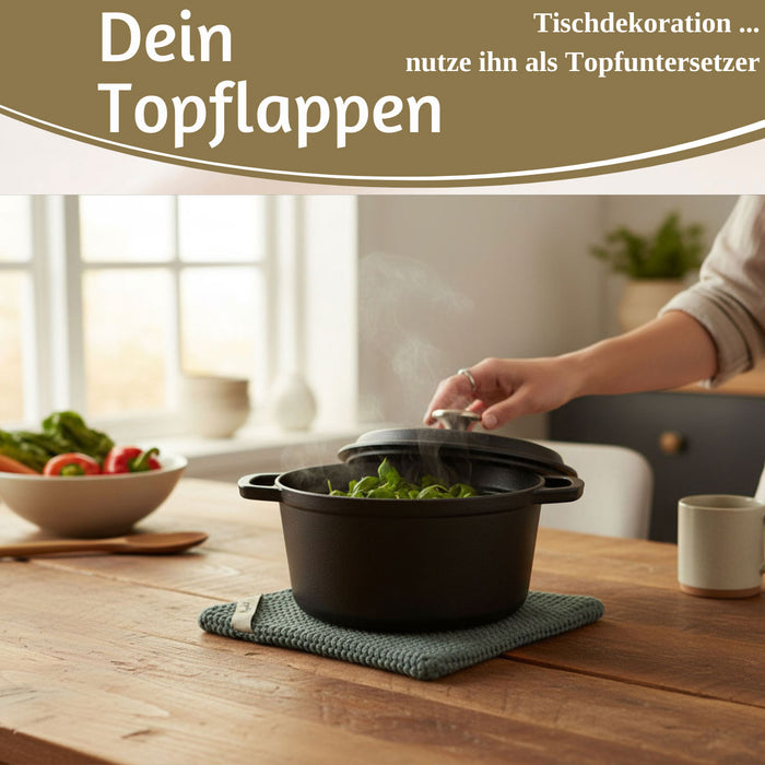 Vintage Topflappen 22cm Mynte Moos-Grün Gestrickt 100% Baumwolle OEKO-TEX 100