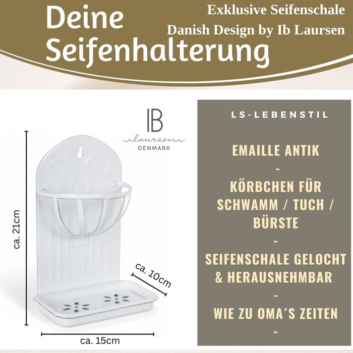 IB Laursen Seifenschale Emaille Weiß 21cm mit Ablauf Wandmontage Seifenhalter