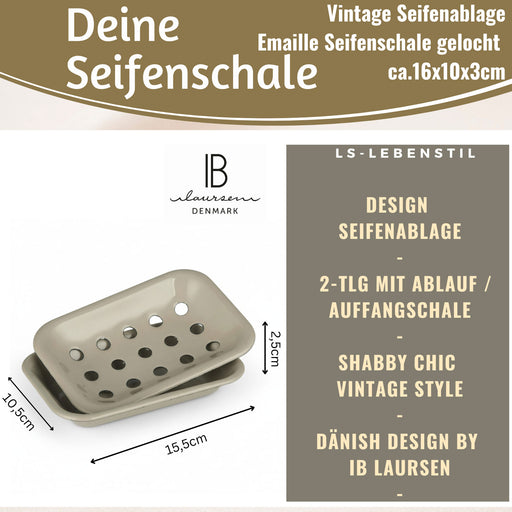 IB Laursen Emaille Seifenschale 2-tlg Beige 15cm mit Ablauf Altum Seifenablage