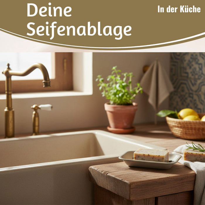 KI-generiertes Bild,IB Laursen Emaille Seifenschale 2-tlg Beige 15cm mit Ablauf Altum Seifenablage