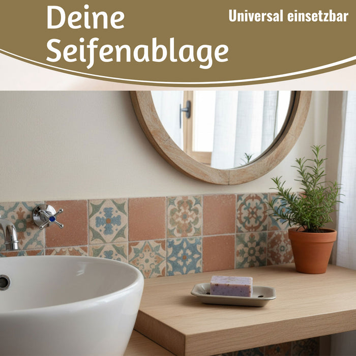 KI-generiertes Bild,IB Laursen Emaille Seifenschale 2-tlg Beige 15cm mit Ablauf Altum Seifenablage