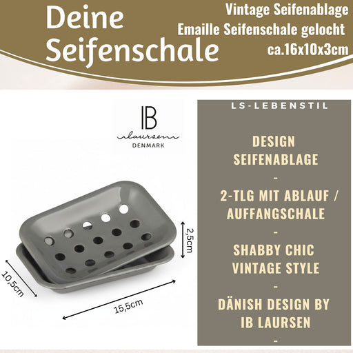 IB Laursen Emaille Seifenschale 2-tlg Grau 15cm mit Ablauf Altum Seifenablage