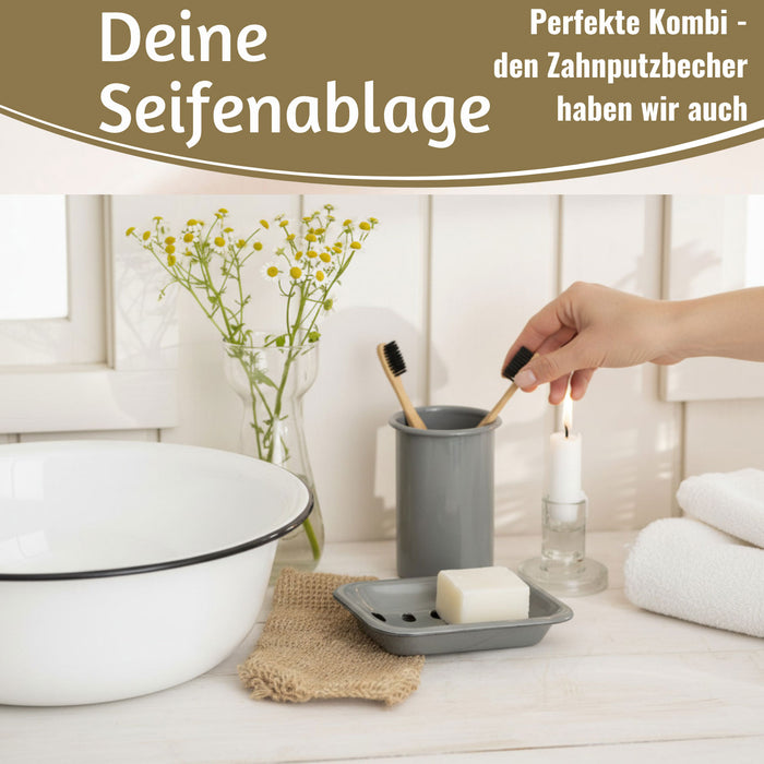 KI-generiertes Bild,IB Laursen Emaille Seifenschale 2-tlg Grau 15cm mit Ablauf Altum Seifenablage