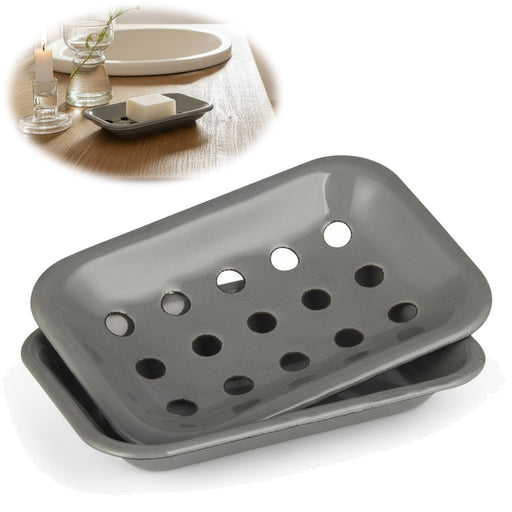 IB Laursen Emaille Seifenschale 2-tlg Grau 15cm mit Ablauf Altum Seifenablage