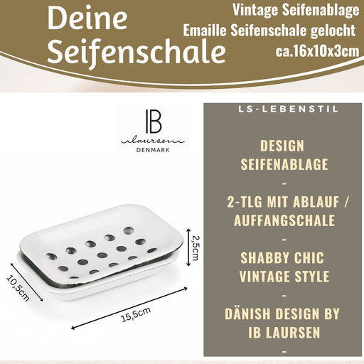 IB Laursen Emaille Seifenschale 2-tlg Weiß 15cm mit Ablauf Altum Seifenablage