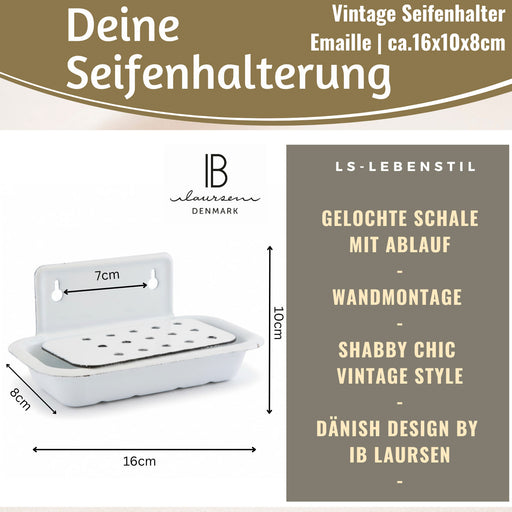 IB Laursen Seifenschale Emaille Weiß 16cm mit Ablauf Wandmontage Seifenhalter