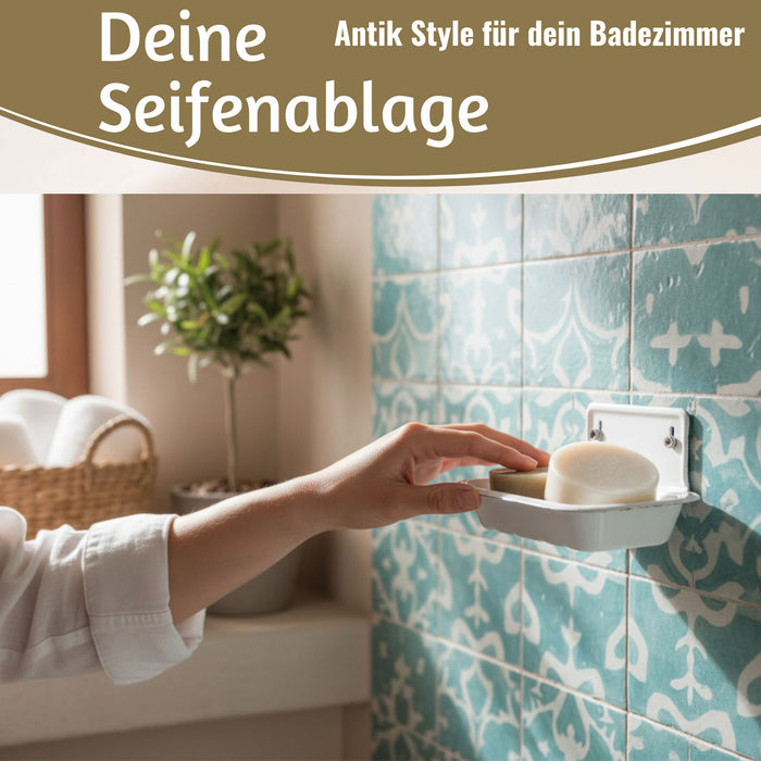 KI-generiertes Bild,IB Laursen Seifenschale Emaille Weiß 16cm mit Ablauf Wandmontage Seifenhalter