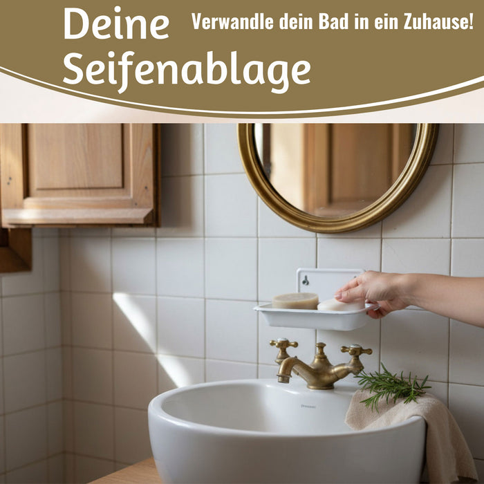 KI-generiertes Bild,IB Laursen Seifenschale Emaille Weiß 16cm mit Ablauf Wandmontage Seifenhalter