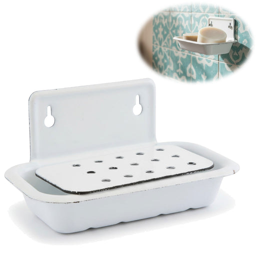 IB Laursen Seifenschale Emaille Weiß 16cm mit Ablauf Wandmontage Seifenhalter