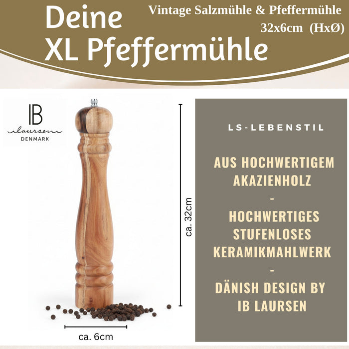 Design XL Holz Salzmühle & Pfeffermühle Akazie 32cm Keramikmahlwerk Gewürzmühle