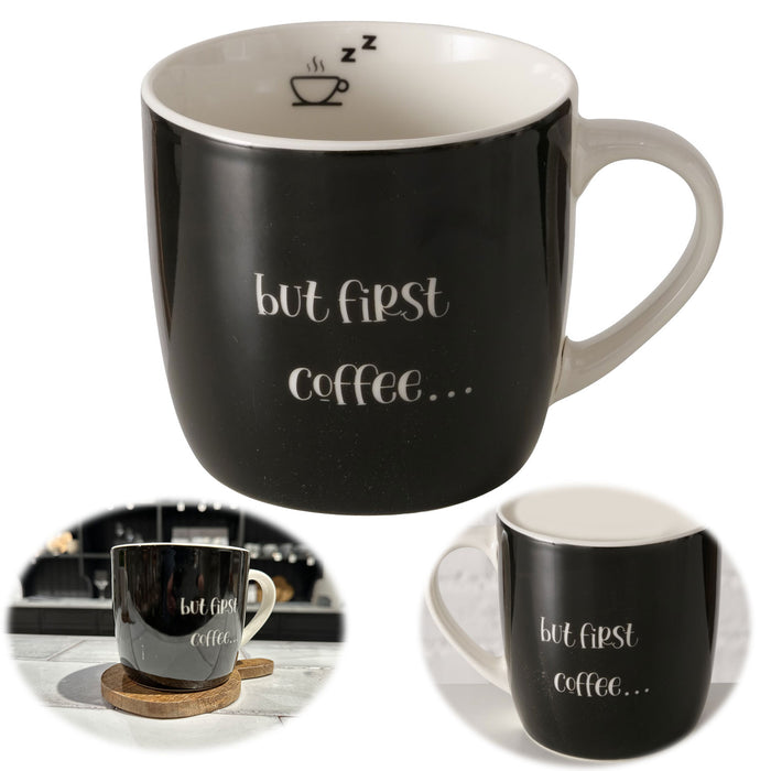 XL Jumbo Kaffeebecher 420ml but first Coffee Schwarz Henkelbecher Kaffeetasse