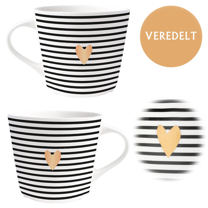 Kaffeebecher 420ml Echt-Gold Motiv "Goldenes Herz" Schwarz Weiß Kaffeetasse