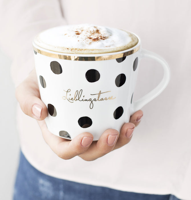 Kaffeebecher 420ml Echt-Gold Spruch "Lieblingstasse" Schwarz Weiß Kaffeetasse