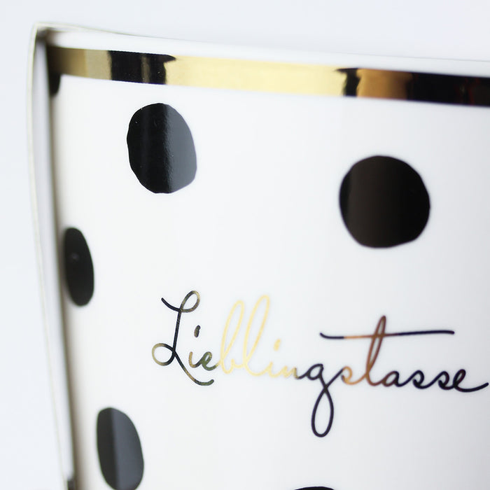 Kaffeebecher 420ml Echt-Gold Spruch "Lieblingstasse" Schwarz Weiß Kaffeetasse