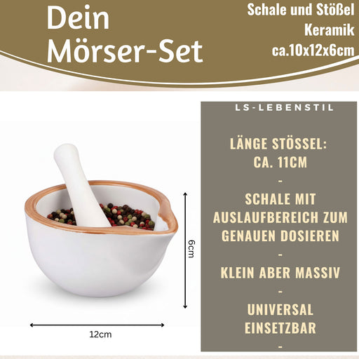 KI-generiertes Bild,Keramik Mörser Stößel Set Braun Weiß Ø 12cm kleiner Gewürzmörser Zerkleinerer