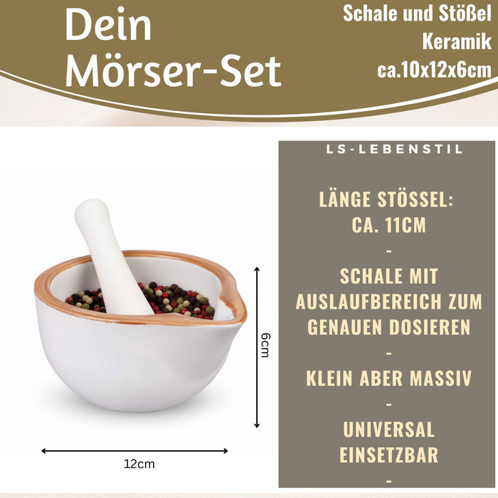 Keramik Mörser Stößel Set Braun Weiß Ø 12cm kleiner Gewürzmörser Zerkleinerer