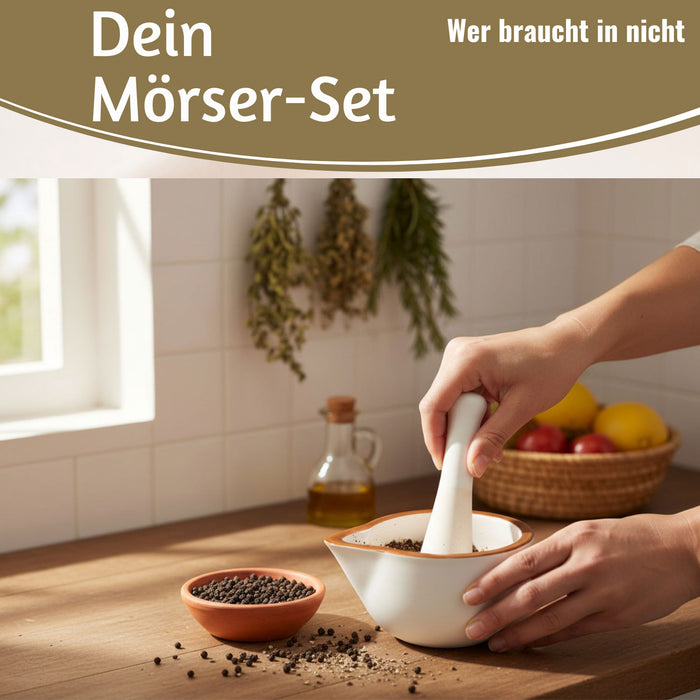Keramik Mörser Stößel Set Braun Weiß Ø 12cm kleiner Gewürzmörser Zerkleinerer