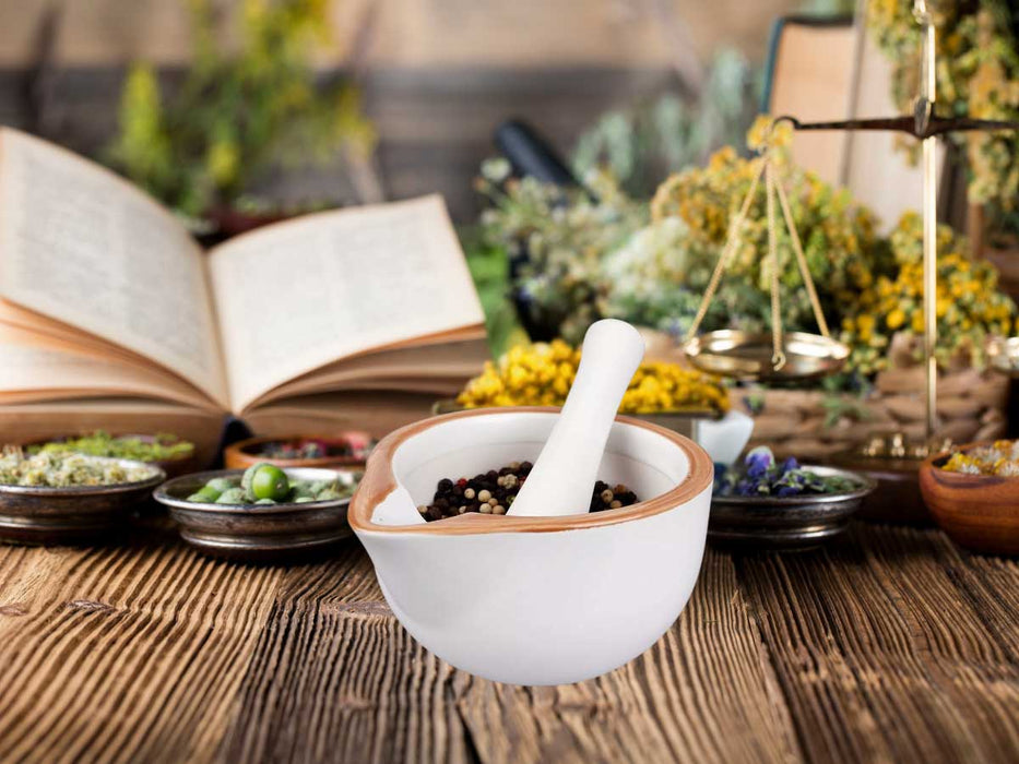 Keramik Mörser Stößel Set Braun Weiß Ø 12cm kleiner Gewürzmörser Zerkleinerer