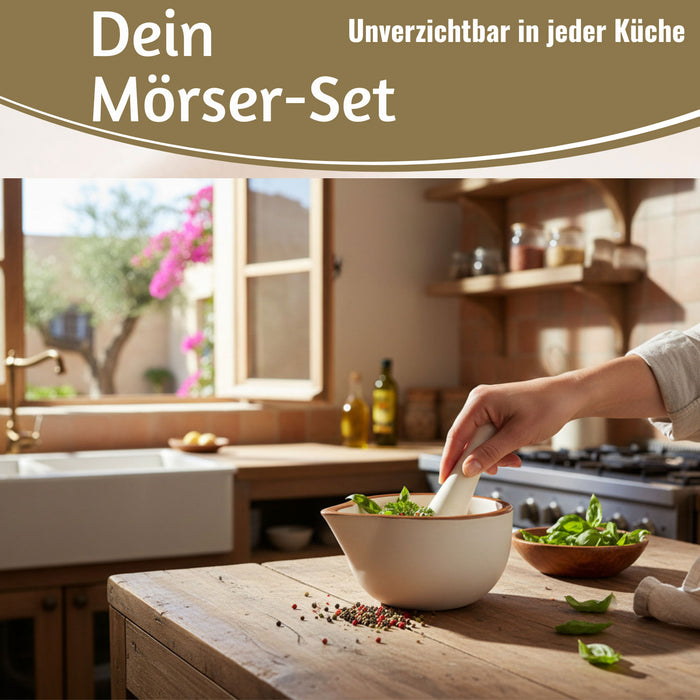 Keramik Mörser Stößel Set Braun Weiß Ø 12cm kleiner Gewürzmörser Zerkleinerer