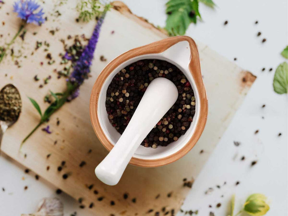 Keramik Mörser Stößel Set Braun Weiß Ø 12cm kleiner Gewürzmörser Zerkleinerer