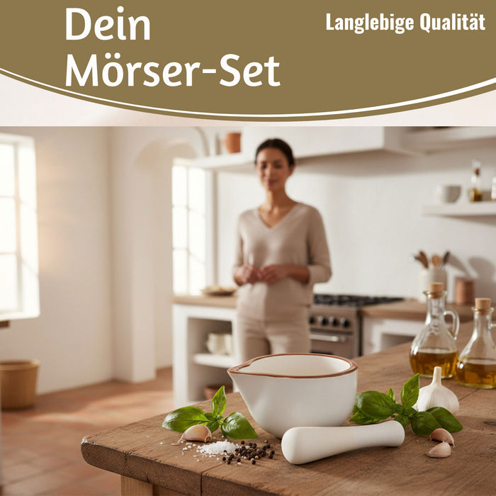 Keramik Mörser Stößel Set Braun Weiß Ø 12cm kleiner Gewürzmörser Zerkleinerer