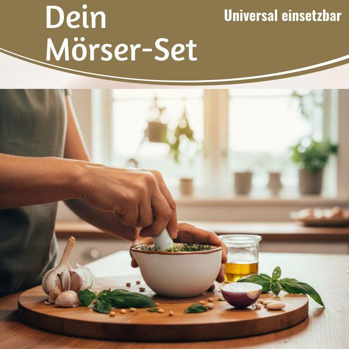 Keramik Mörser Stößel Set Braun Weiß Ø 12cm kleiner Gewürzmörser Zerkleinerer