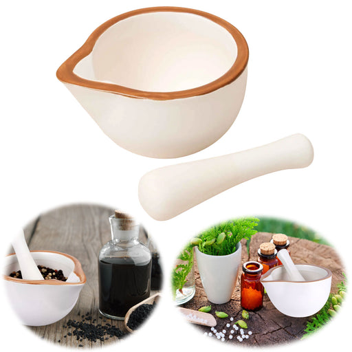 Keramik Mörser Stößel Set Braun Weiß Ø 12cm kleiner Gewürzmörser Zerkleinerer