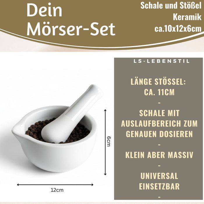 KI-generiertes Bild,Keramik Mörser Stößel Set Weiß Ø 12cm kleiner Gewürzmörser Zerkleinerer