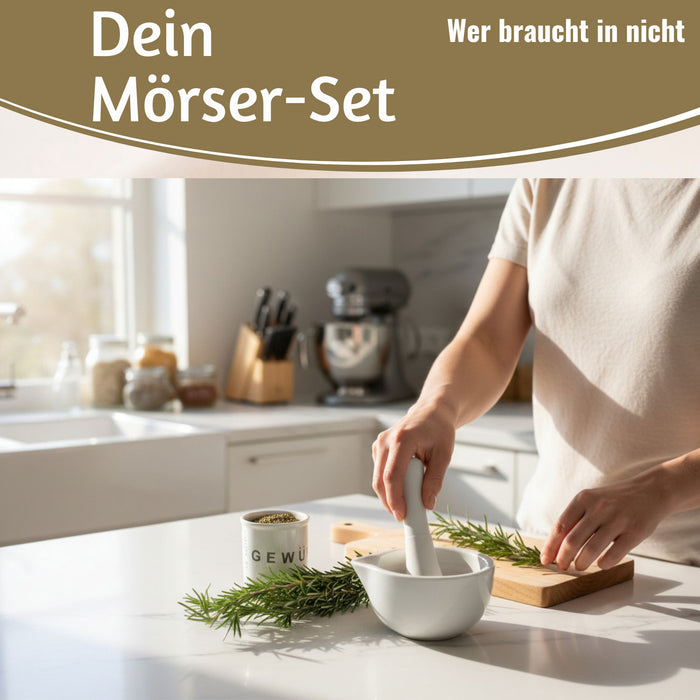 KI-generiertes Bild,Keramik Mörser Stößel Set Weiß Ø 12cm kleiner Gewürzmörser Zerkleinerer