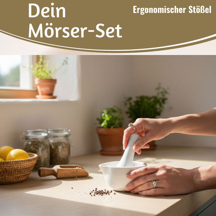 KI-generiertes Bild,Keramik Mörser Stößel Set Weiß Ø 12cm kleiner Gewürzmörser Zerkleinerer